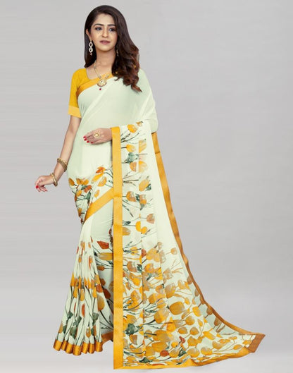Cream Coloured Chiffon Floral Printed Saree | Sudathi