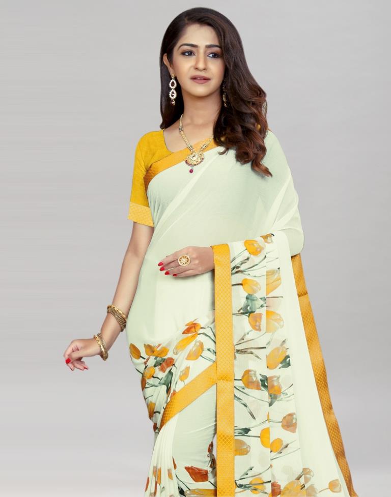 Cream Coloured Chiffon Floral Printed Saree | Sudathi