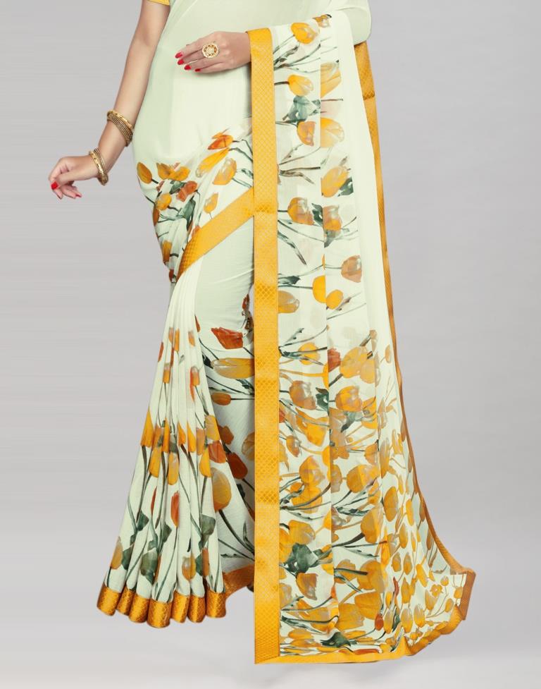 Cream Coloured Chiffon Floral Printed Saree | Sudathi
