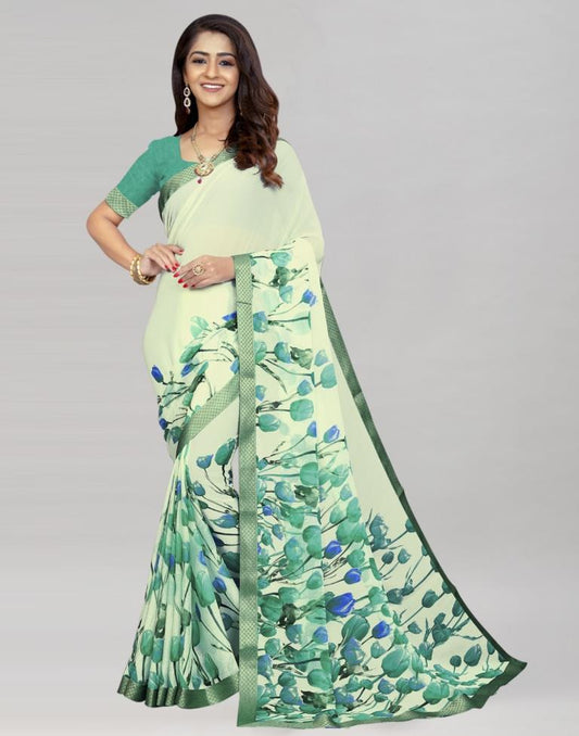 Cream Coloured Chiffon Floral Printed Saree | Sudathi