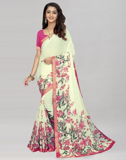 Cream Coloured Chiffon Floral Printed Saree | Sudathi