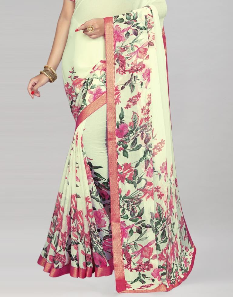 Cream Coloured Chiffon Floral Printed Saree | Sudathi