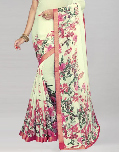 Cream Coloured Chiffon Floral Printed Saree | Sudathi