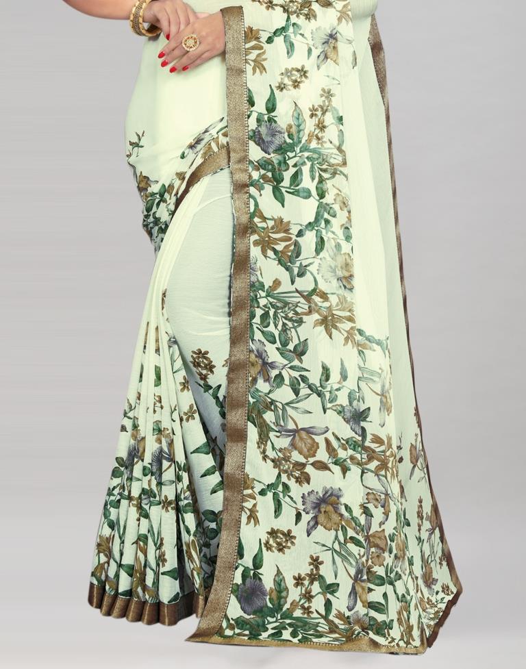 Cream Coloured Chiffon Floral Printed Saree | Sudathi