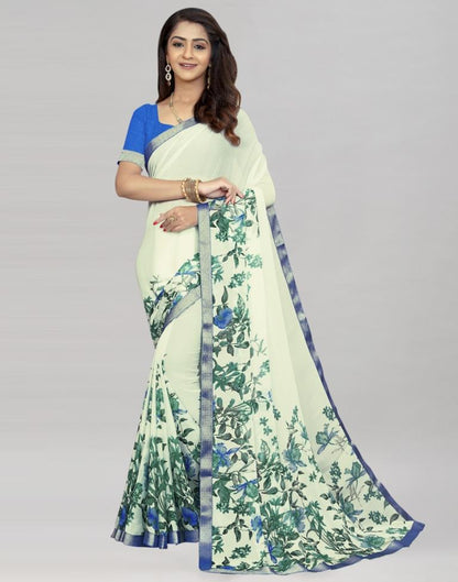 Cream Coloured Chiffon Floral Printed Saree | Sudathi
