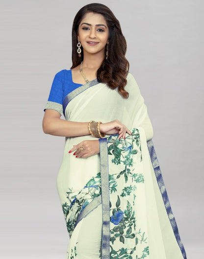 Cream Coloured Chiffon Floral Printed Saree | Sudathi