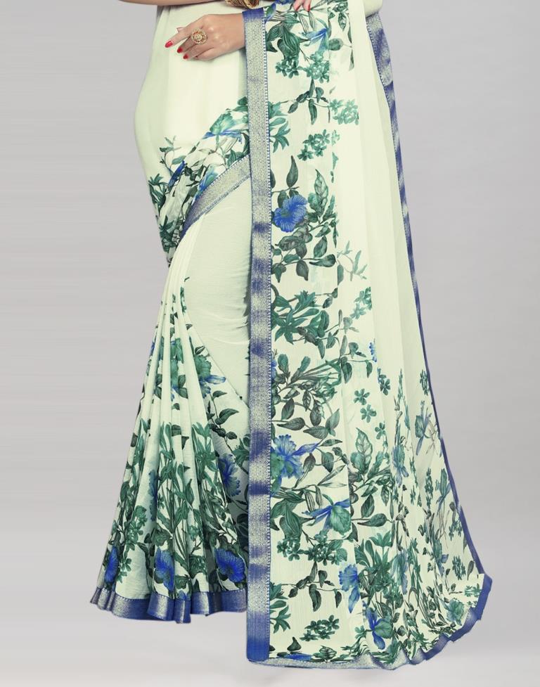 Cream Coloured Chiffon Floral Printed Saree | Sudathi