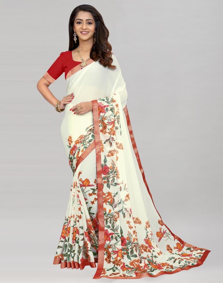 Cream Coloured Chiffon Floral Printed Saree | Sudathi