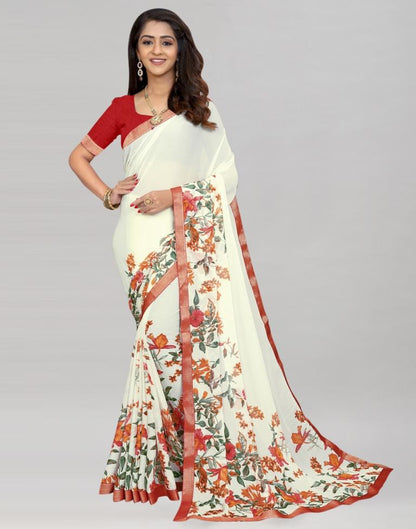 Cream Coloured Chiffon Floral Printed Saree | Sudathi