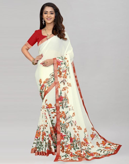 Cream Coloured Chiffon Floral Printed Saree | Sudathi