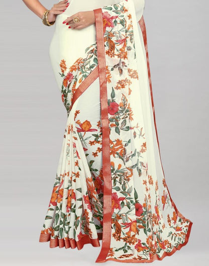 Cream Coloured Chiffon Floral Printed Saree | Sudathi