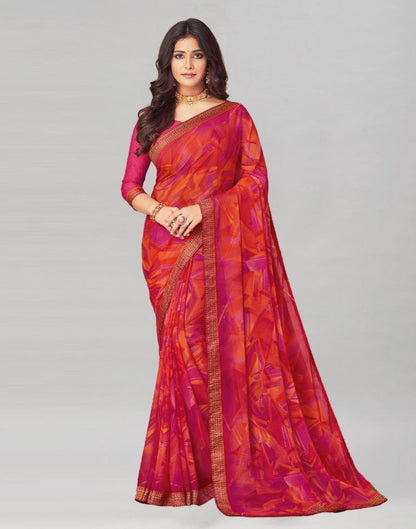 Hot Pink Coloured Chiffon Geometric Printed Saree | Sudathi