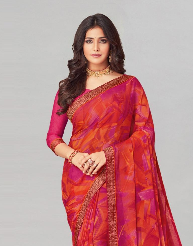 Hot Pink Coloured Chiffon Geometric Printed Saree | Sudathi