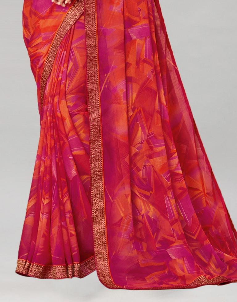 Hot Pink Coloured Chiffon Geometric Printed Saree | Sudathi