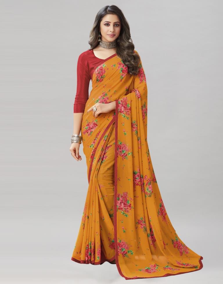 Turmeric Yellow Coloured Georgette Floral Printed Saree | Sudathi