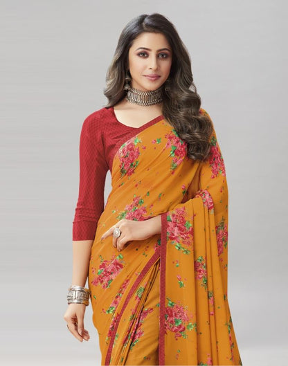 Turmeric Yellow Coloured Georgette Floral Printed Saree | Sudathi