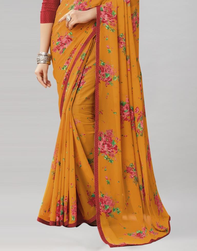 Turmeric Yellow Coloured Georgette Floral Printed Saree | Sudathi
