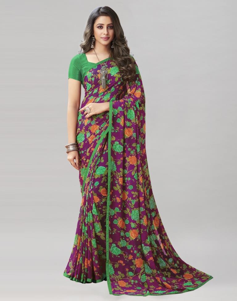 Dark Purple Coloured Georgette Floral Printed Saree | Sudathi