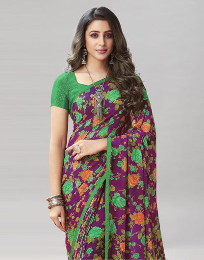 Dark Purple Coloured Georgette Floral Printed Saree | Sudathi
