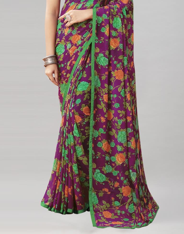 Dark Purple Coloured Georgette Floral Printed Saree | Sudathi