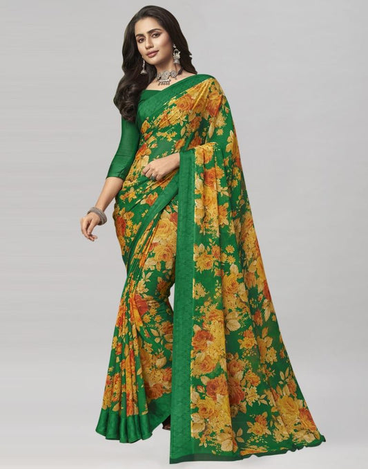 Green Coloured Chiffon Floral Printed Saree | Sudathi