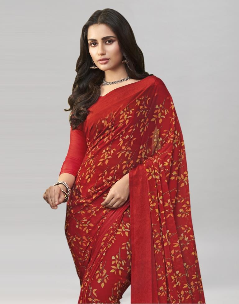Red Coloured Chiffon Floral Printed Saree | Sudathi