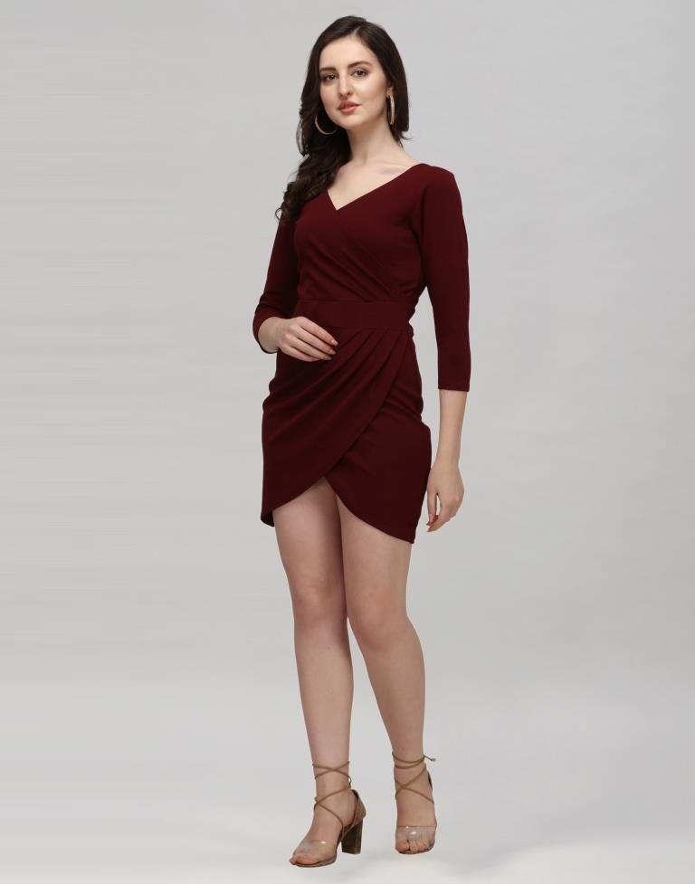 Maroon Coloured Knitted Lycra Dress | Leemboodi