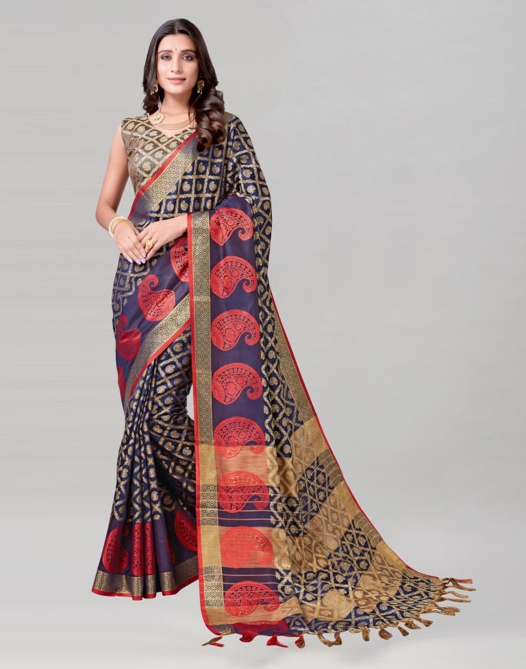 Navy Blue Coloured Cotton Silk Jacquard Saree | Sudathi