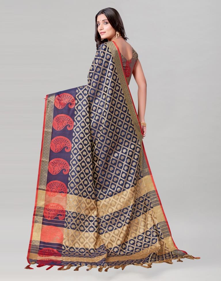 Navy Blue Coloured Cotton Silk Jacquard Saree | Sudathi
