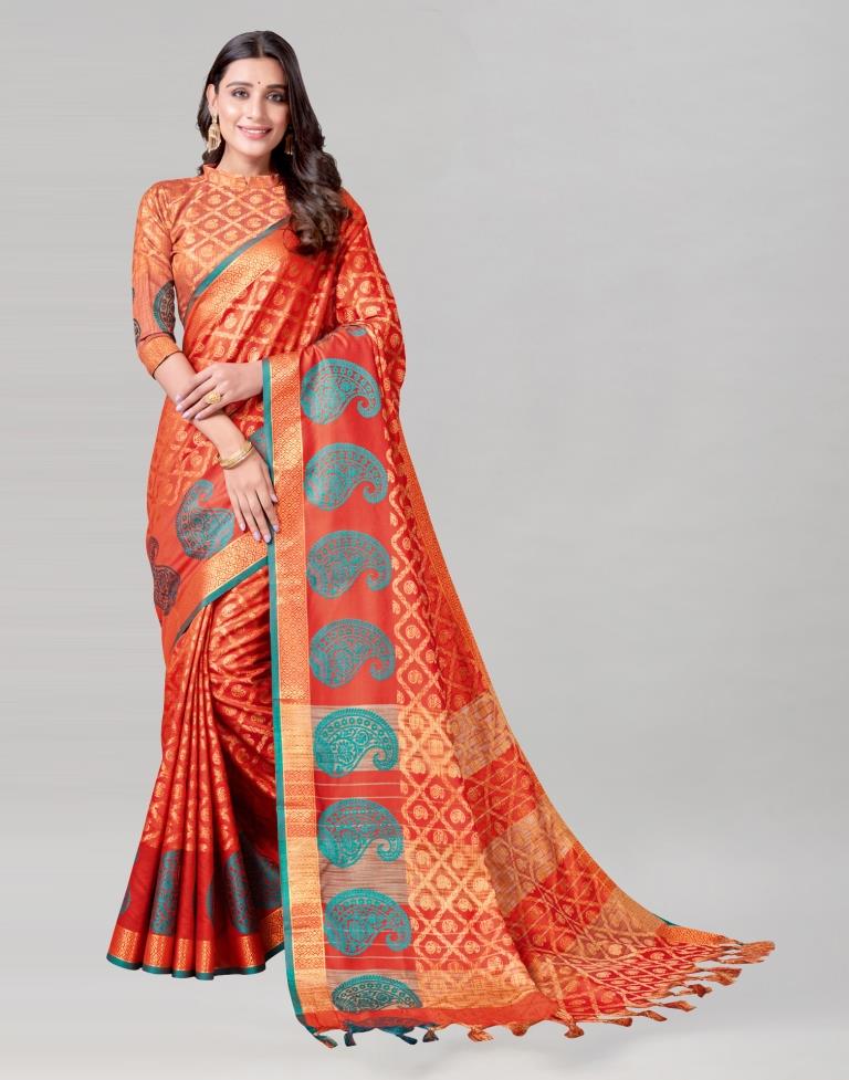 Orange Coloured Cotton Silk Jacquard Saree | Sudathi