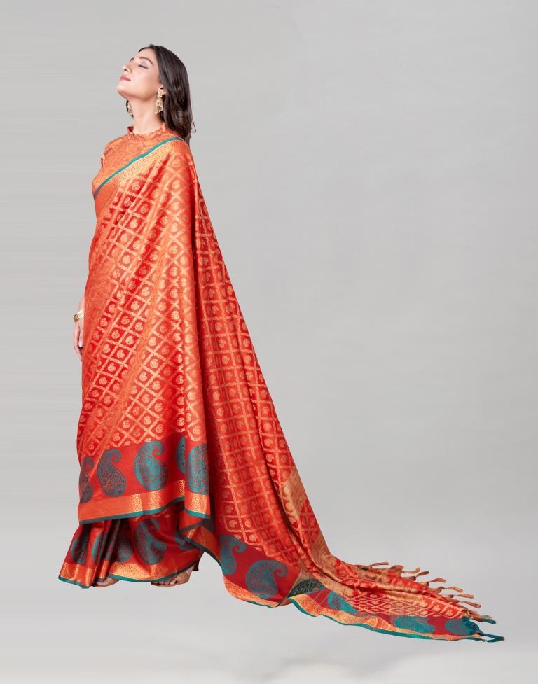 Orange Coloured Cotton Silk Jacquard Saree | Sudathi