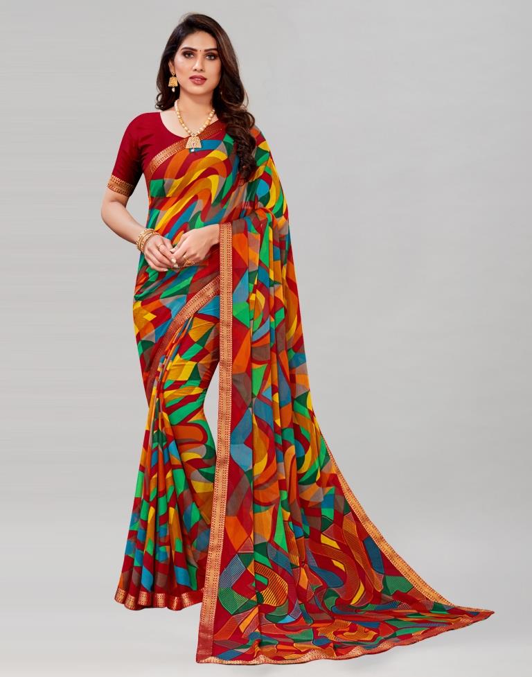 Red Coloured Chiffon Geometric Printed Saree | Sudathi