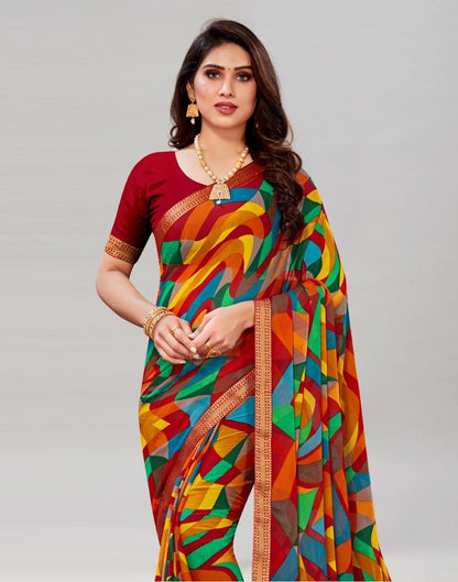 Red Coloured Chiffon Geometric Printed Saree | Sudathi