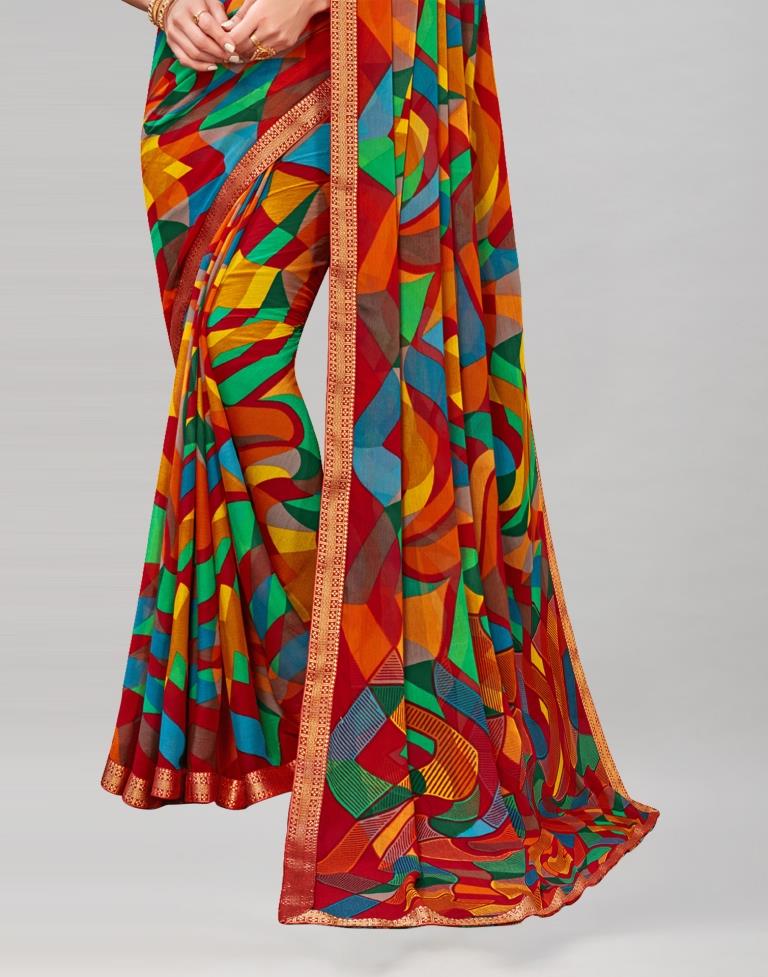 Red Coloured Chiffon Geometric Printed Saree | Sudathi