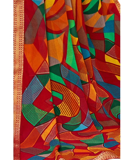 Red Coloured Chiffon Geometric Printed Saree | Sudathi