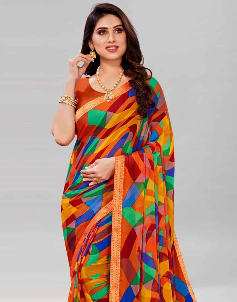 Dark Orange Coloured Chiffon Geometric Printed Saree | Sudathi