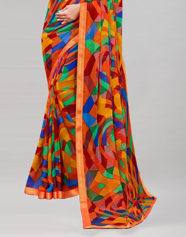 Dark Orange Coloured Chiffon Geometric Printed Saree | Sudathi