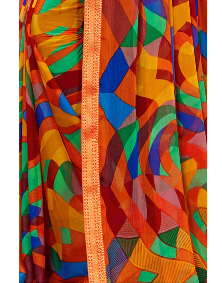 Dark Orange Coloured Chiffon Geometric Printed Saree | Sudathi