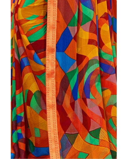 Dark Orange Coloured Chiffon Geometric Printed Saree | Sudathi