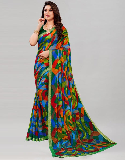 Bottle Green Coloured Chiffon Geometric Printed Saree | Sudathi