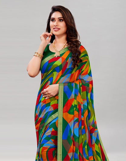 Bottle Green Coloured Chiffon Geometric Printed Saree | Sudathi