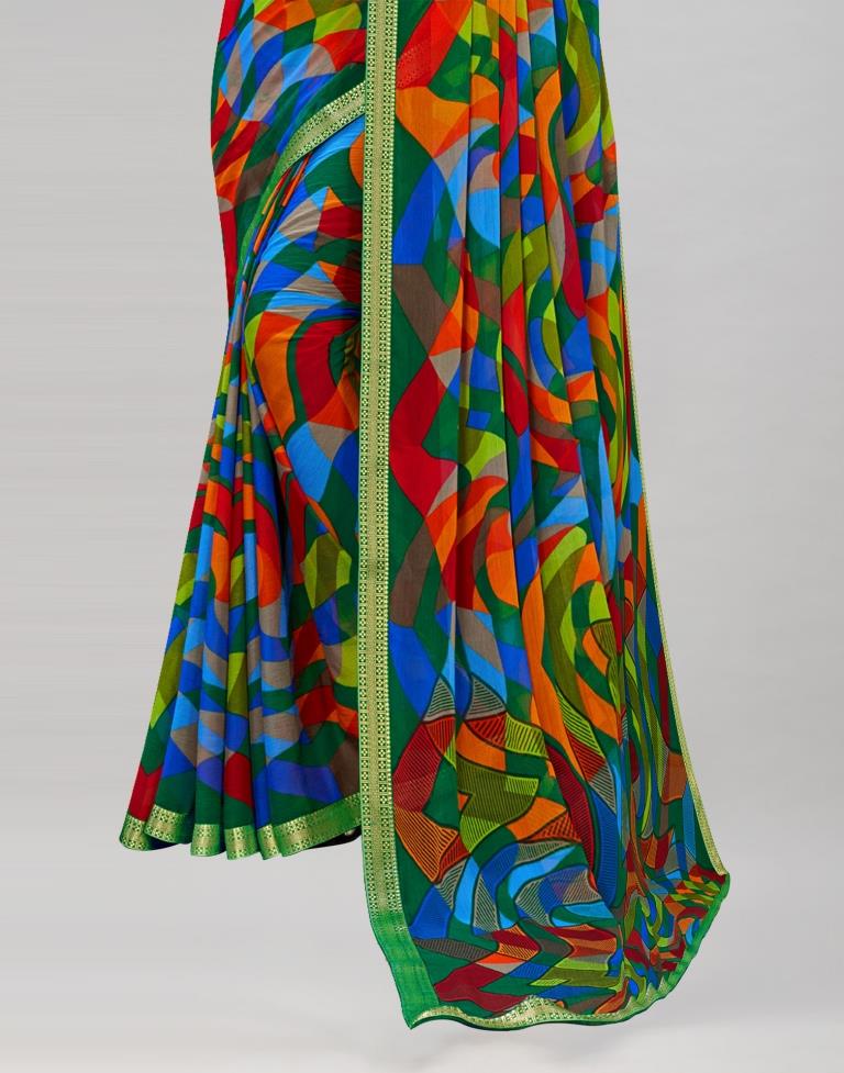 Bottle Green Coloured Chiffon Geometric Printed Saree | Sudathi