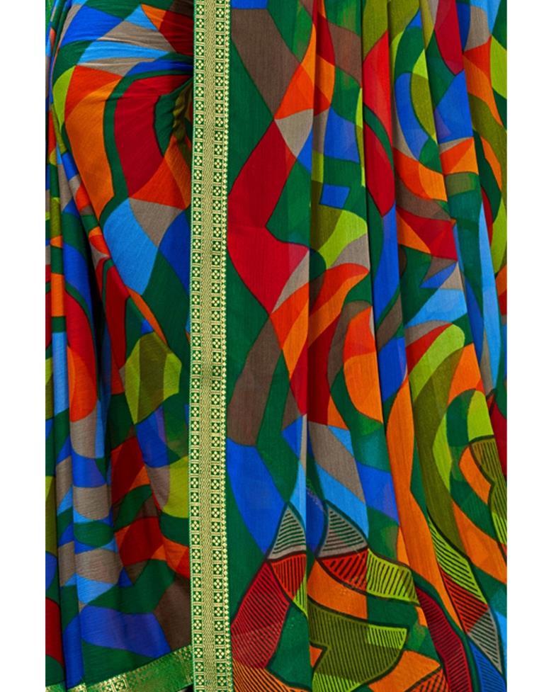 Bottle Green Coloured Chiffon Geometric Printed Saree | Sudathi