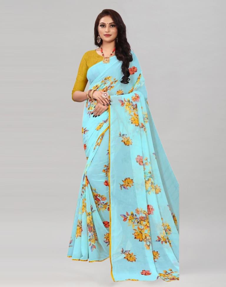Light Blue Coloured Georgette Floral Printed Saree | Sudathi