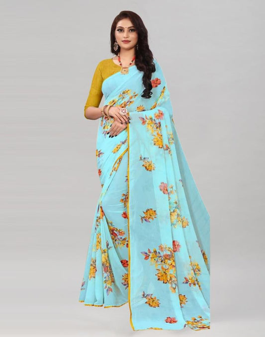 Light Blue Coloured Georgette Floral Printed Saree | Sudathi