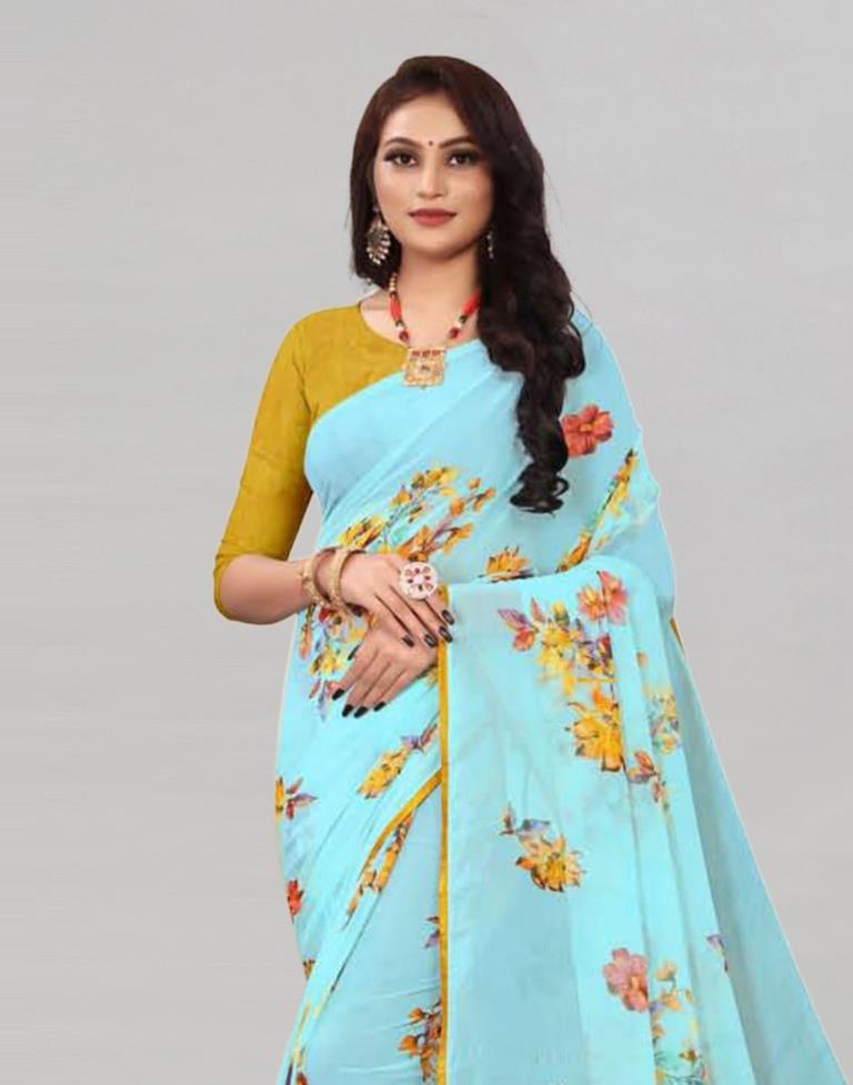 Light Blue Coloured Georgette Floral Printed Saree | Sudathi