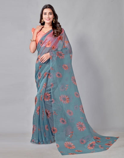 Steel Blue Grey Organza Saree | Leemboodi