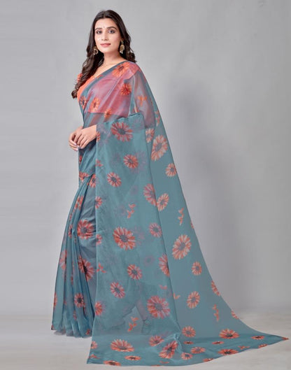 Steel Blue Grey Organza Saree | Leemboodi