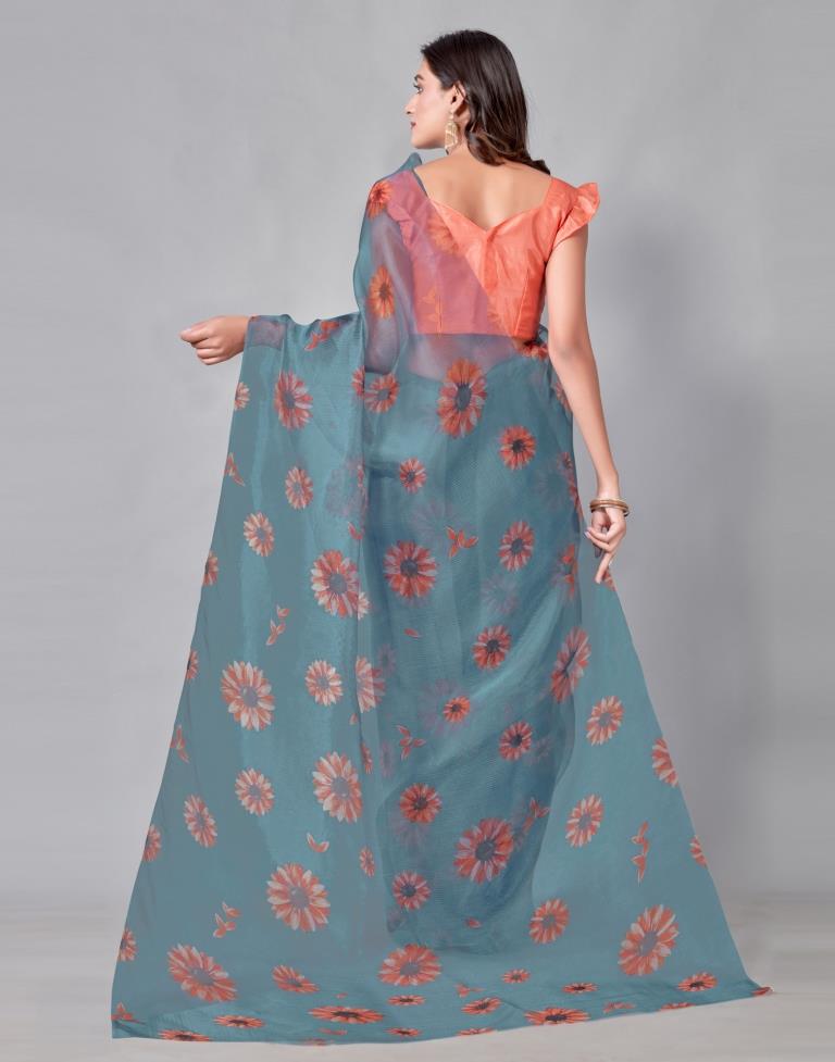 Steel Blue Grey Organza Saree | Leemboodi