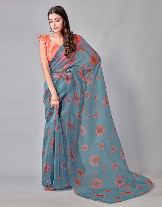 Steel Blue Grey Organza Saree | Leemboodi